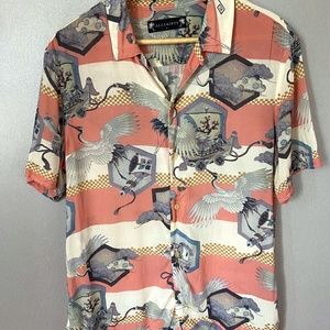 peach pink bird button down Hawaiin style short sleeve